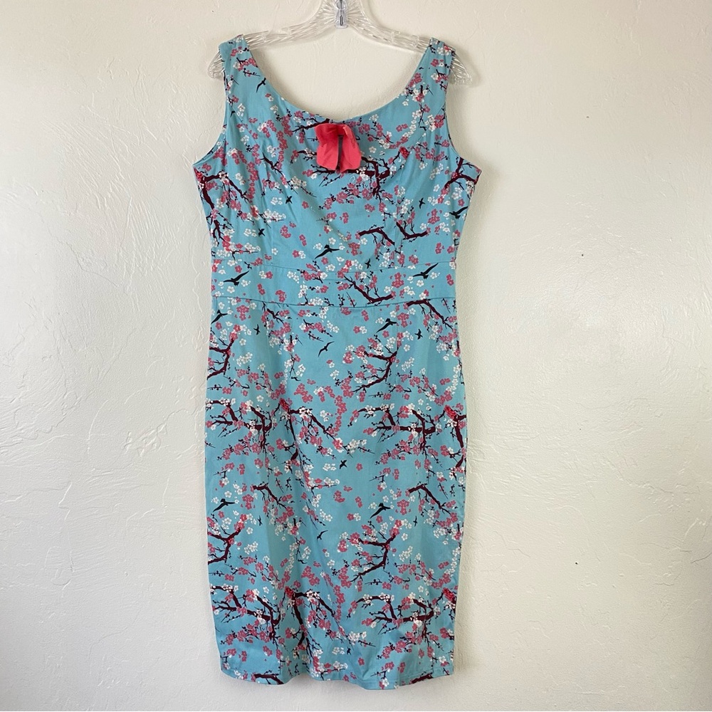 Banned Retro Size Large Teal Blue Floral Print Scoop Neck Vintage Mod Fit Dress